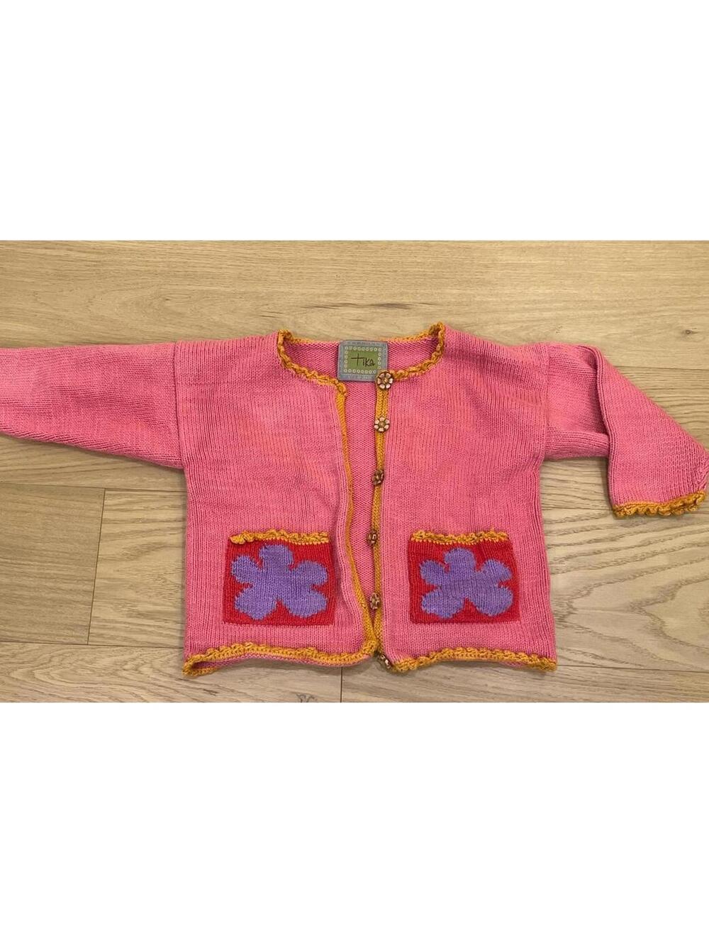 Hand-Knit Pink Wool Sweater / Cardigan – Floral Pockets – Kids (16” pit to pit)
